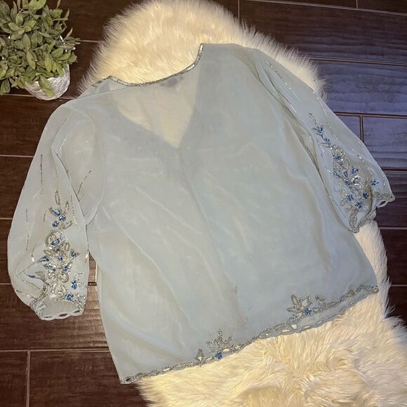 Midnight velvet powder blue sequin open blouse sz 3X - Picture 6 of 9
